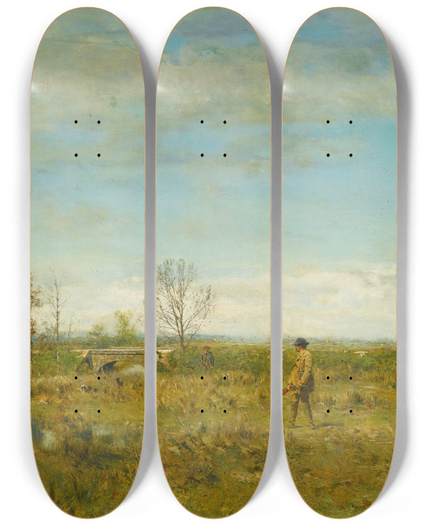 Triptych art skateboard deck of Ivan Pavlovich Pokhitonov Hunters In Pont Long by Ivan Pavlovich Pokhitonov (1851-1924)
