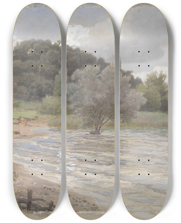 Triptych art skateboard deck of Hans Gude Arenenberg At Ermatingen Bodensee by Hans Gude (1825-1903)