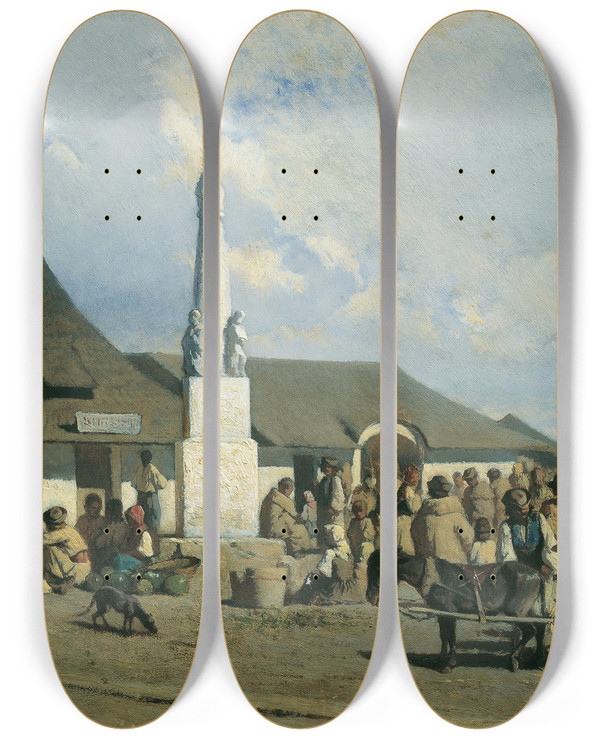 Triptych art skateboard deck of Johann Gualbert Raffalt Marktplatz In Szolnok by Johann Gualbert Raffalt (1836-1865)