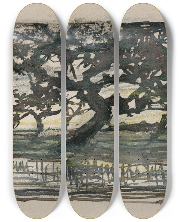 Triptych art skateboard deck of Frans Smissaert Bomen Aan Een Plas by Frans Smissaert (1862-1944)