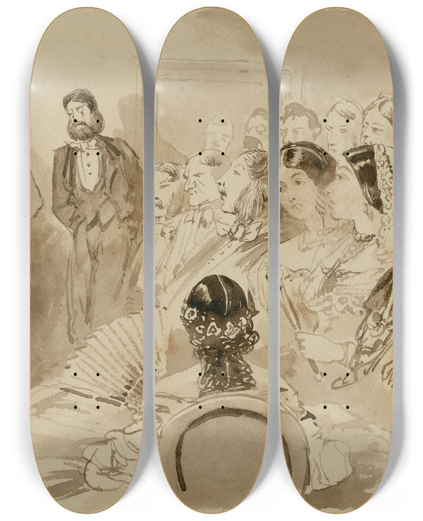 Triptych art skateboard deck of Pieter Van Loon Het Publiek Bij Een Theatervoorstelling by Pieter Van Loon (1801-1873)