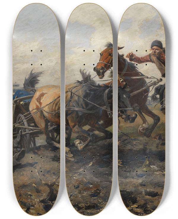 Triptych art skateboard deck of Jozef Brandt Durchgegangen by Jozef Brandt (1841-1915)