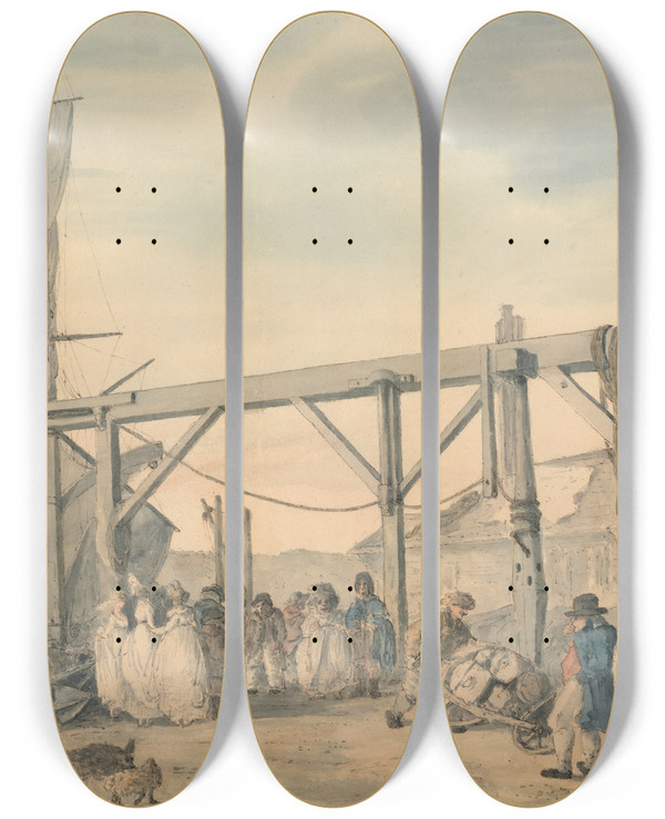 Triptych art skateboard deck of Philip James De Loutherbourg The Arrival Of A Hoy At Margate by Philip James De Loutherbourg (1740-1812)