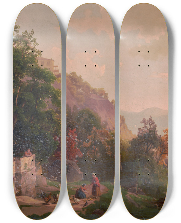 Triptych art skateboard deck of Hermann Fuechsel View On The Hudson Near West Point by Hermann Fuechsel (1833-1915)