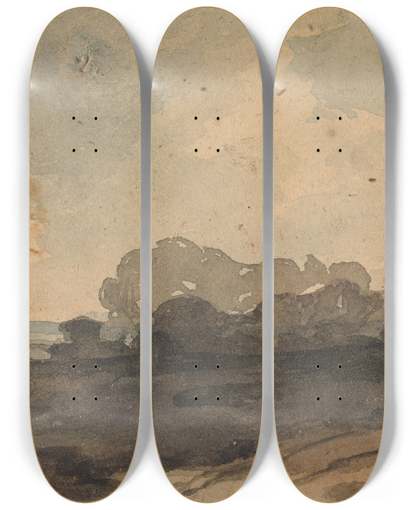 Triptych art skateboard deck of Thomas Sully Landscape With Trees And Windmill by Thomas Sully (1783-1872)