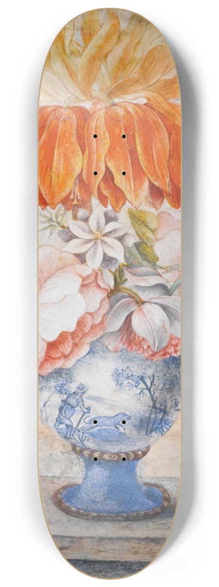 Dutch School - Still Life Of Flowers In A Blue Decorative Vase With A Bird Perched Beside On A Ledge 8.25 inch art skate deck