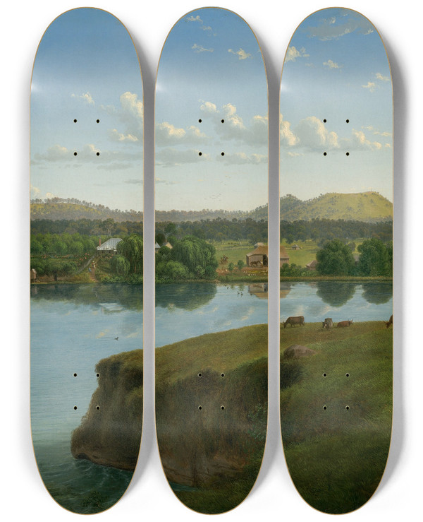 Triptych art skateboard deck of Eugne Von Gurard Purrumbete From Across The Lake by Eugene Von Guerard (1811-1901)