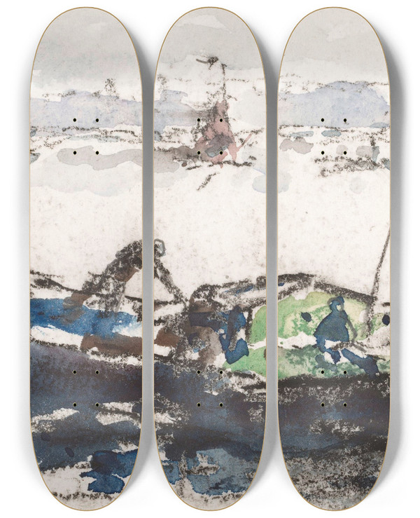 Triptych art skateboard deck of Carel Nicolaas Storm Van Sgravesande Gezicht Op De Maas Bij Rotterdam by Carel Nicolaas Storm van 's-Gravesande (1841-1924)