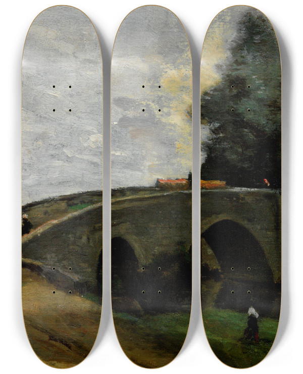 Triptych art skateboard deck of Jeanbaptistecamille Corot Le Vieux Pont by Jean-Baptiste-Camille Corot (1796-1875)