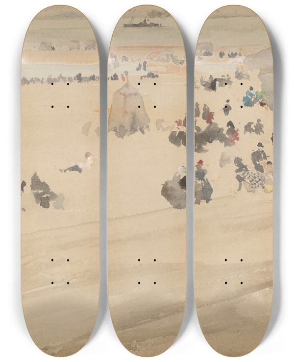 Triptych art skateboard deck of James Abbott Mcneill Whistler Beach Scene by James Abbott Mcneill Whistler (1834-1903)
