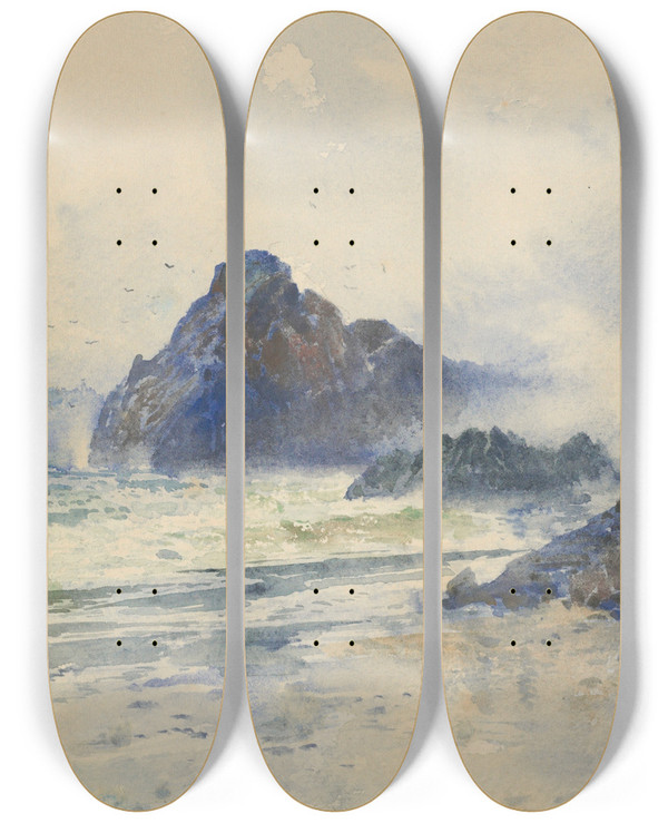 Triptych art skateboard deck of William Mathew Hodgkins A Wet Day On A Wild Coast by William Mathew Hodgkins (1833-1898)