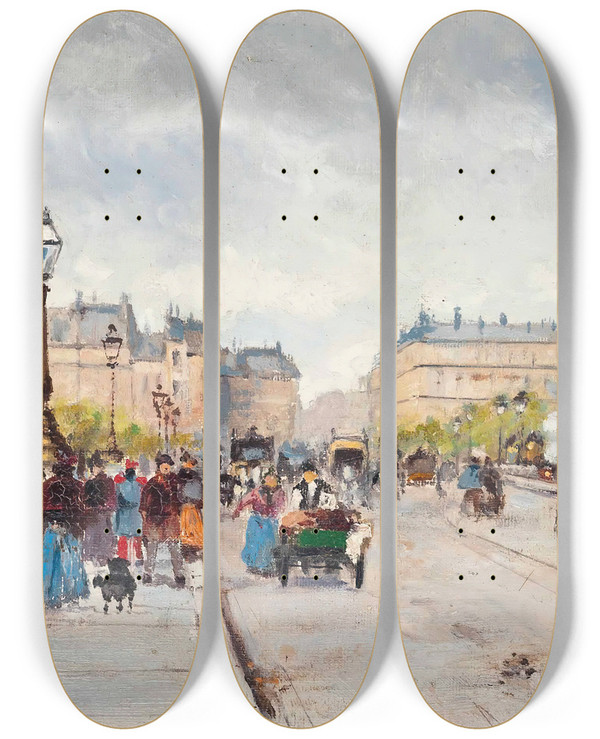 Triptych art skateboard deck of Fausto Giusto A Busy Day On The Pont Neuf Paris by Fausto Giusto (1867-1941)