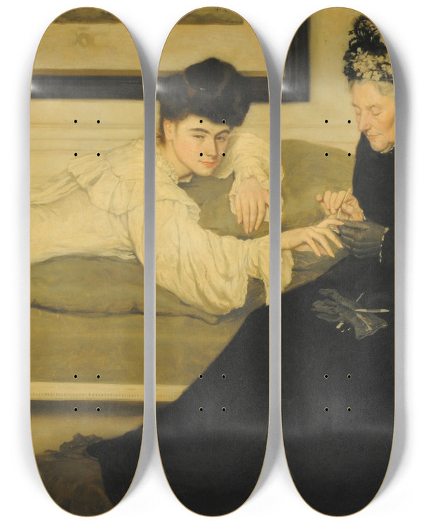 Triptych art skateboard deck of Henry Carodelvaille The Manicure by Henry Caro Delvaille (1876-1926)