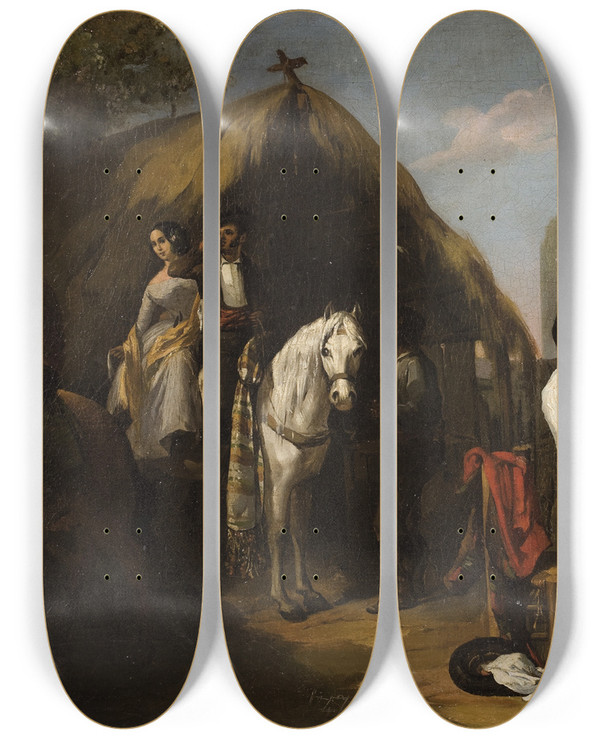 Triptych art skateboard deck of Rafael Benjumea On The Outskirts Of Seville by Rafael Benjumea (1845-1873)