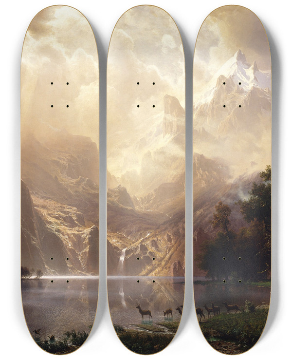 Triptych art skateboard deck of Albert Bierstadt Among The Sierra Nevada California by Albert Bierstadt (1830-1902)