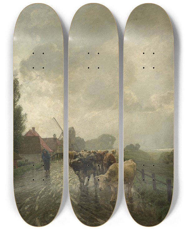 Triptych art skateboard deck of Hermann Baisch Regentag Am Niederrhein by Hermann Baisch (1846-1894)