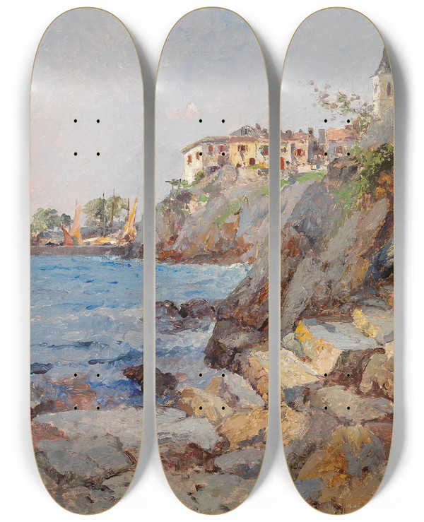 Triptych art skateboard deck of Leontine Von Littrow Coastal Scene At Lovrana by Leontine Von Littrow (1860-1914)