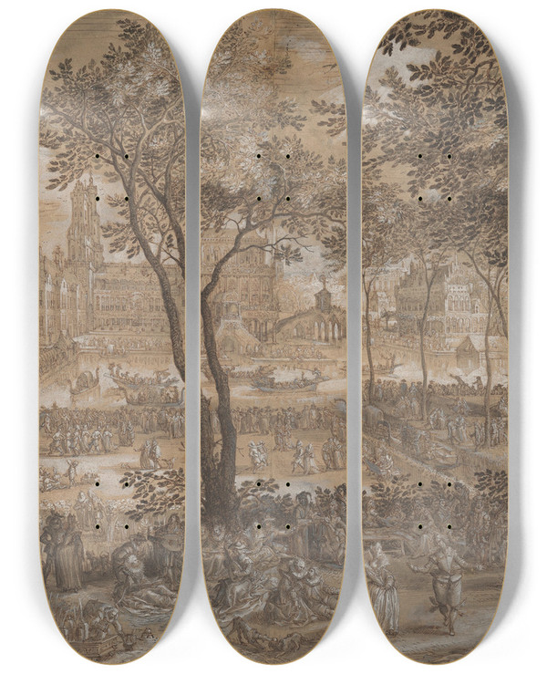 Triptych art skateboard deck of David Vinckboons Venetian Party In A Chateau Garden by David Vinckboons (1576-1629)