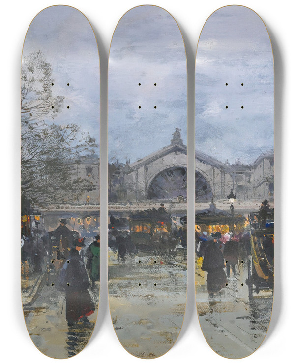 Triptych art skateboard deck of Eugne Galienlaloue La Gare De Lest by Eugene Galien Laloue (1854-1941)