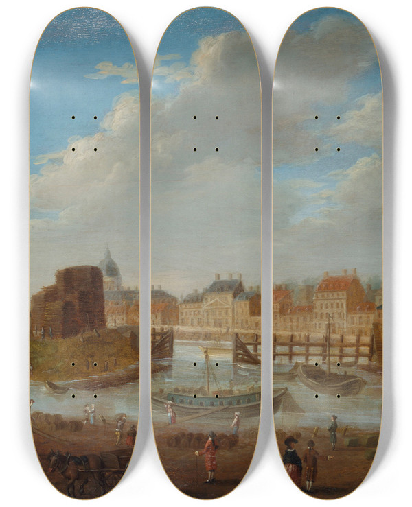Triptych art skateboard deck of Pierreantoine Demachy Lle Louviers Et La Pointe De Lle Saintlouis Vues Du Port Saintpaul Port Des Celestins by Pierre-Antoine Demachy (1723-1807)