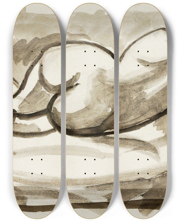Triptych art skateboard deck of Carl Newman Reclining Female Nude 12 by Carl Newman (1858-1932)