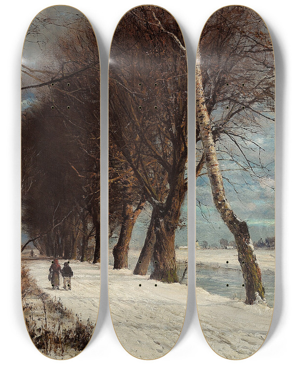 Triptych art skateboard deck of Anders Andersenlundby Vinterlandskab Med Spadserende Personer by Anders Andersen Lundby (1840-1923)