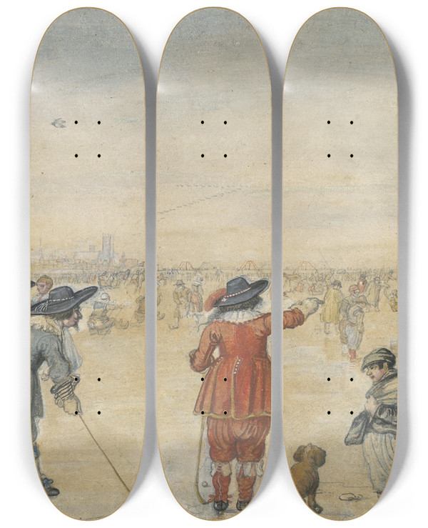 Triptych art skateboard deck of Hendrick Avercamp Winter Games On The Frozen River Ijssel by Hendrick Avercamp (1585-1634)