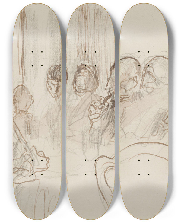 Triptych art skateboard deck of Georges Hugo Huit Personnes Autour Dune Table by Georges Hugo (1868-1925)