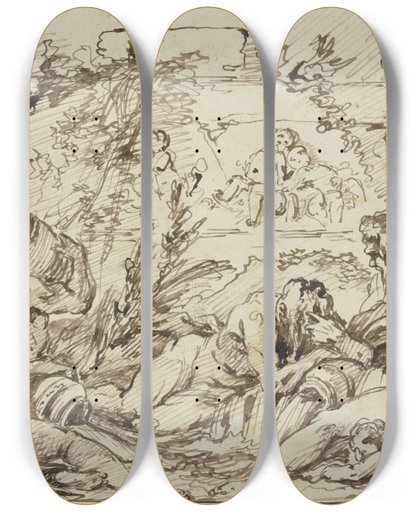 Triptych art skateboard deck of Franois Boucher Nymphs And River Gods by Francois Boucher (1703-1770)