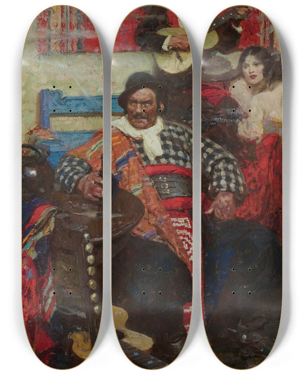 Triptych art skateboard deck of Dean Cornwell Spanish Tavern by Dean Cornwell (1892-1960)