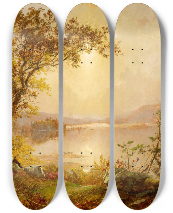 Triptych art skateboard deck of Jasper Francis Cropsey Greenwood Lake Autumn On The Hudson by Jasper Francis Cropsey (1823-1900)