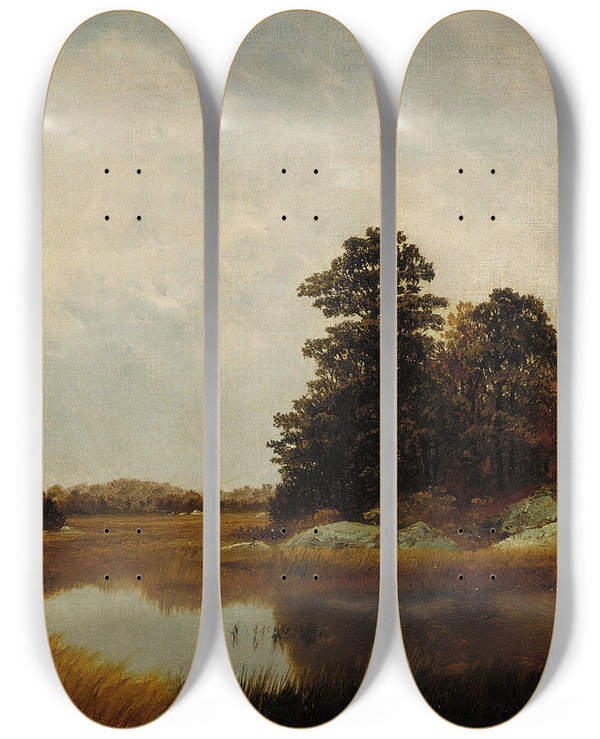 Triptych art skateboard deck of John Frederick Kensett October In The Marshes by John Frederick Kensett (1816-1872)