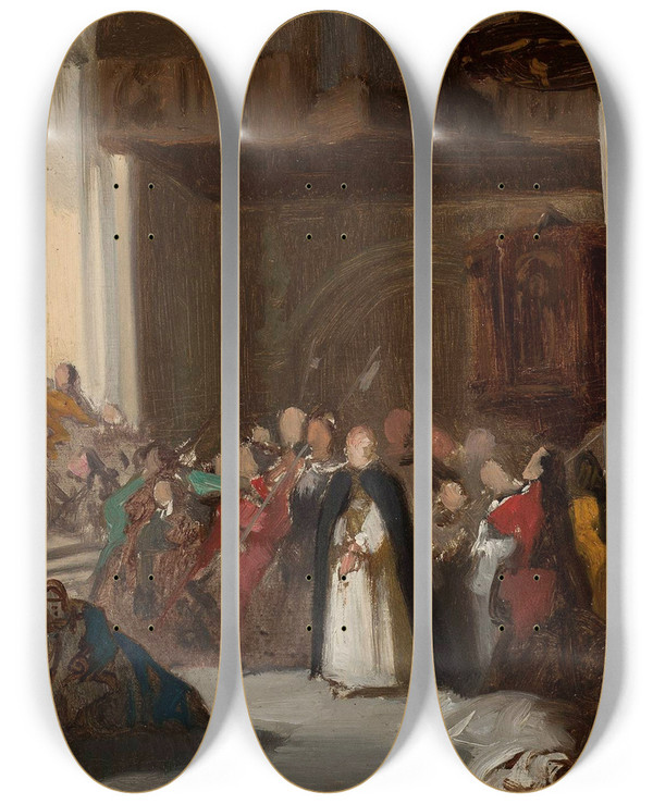 Triptych art skateboard deck of Stanisaw Chlebowski Scene In A Church Sketch For A Historical Scene by Stanislaw Chlebowski (1835-1884)