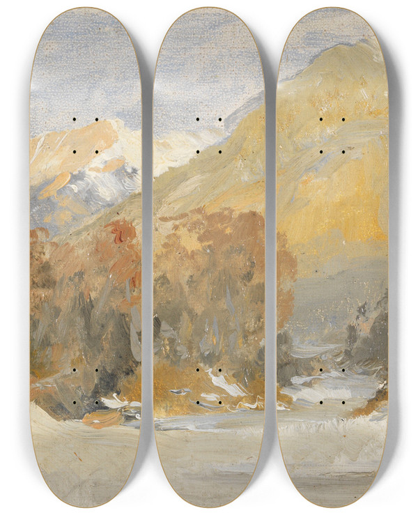 Triptych art skateboard deck of Edward Theodore Compton Herbstliche Voralpenlandschaft Studie by Edward Theodore Compton (1849-1921)