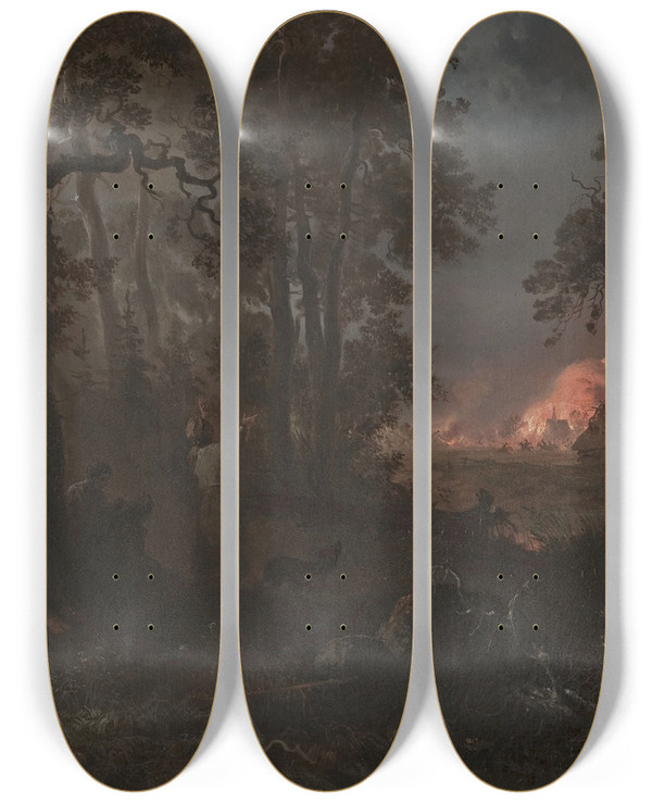 Triptych art skateboard deck of Franciszek Kostrzewski Fire In The Village by Franciszek Kostrzewski (1826-1911)
