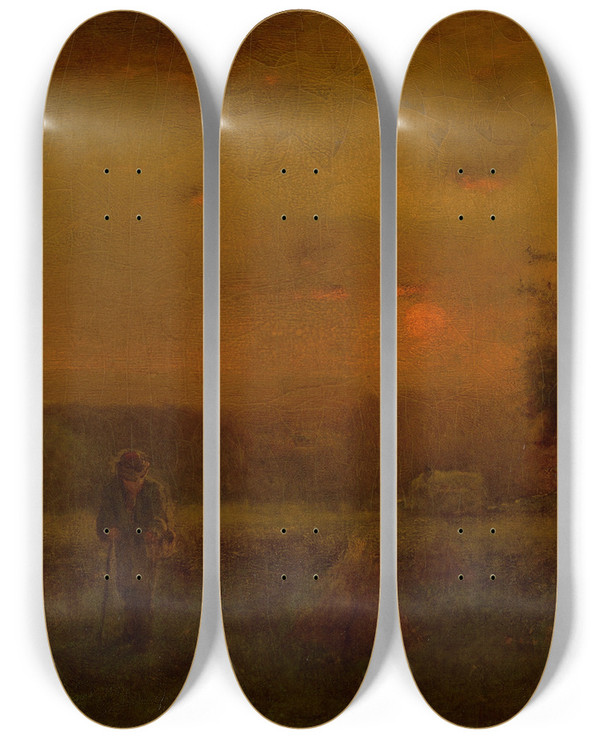 Triptych art skateboard deck of George Inness Evening Glow by George Inness (1825-1894)