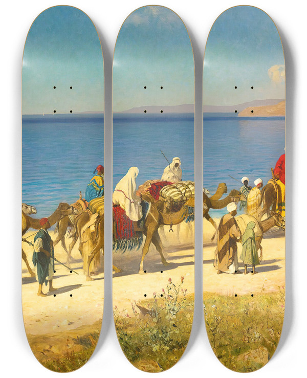 Triptych art skateboard deck of Edmund Berninger Caravan Along The Coast by Edmund Berninger (1843-1910)