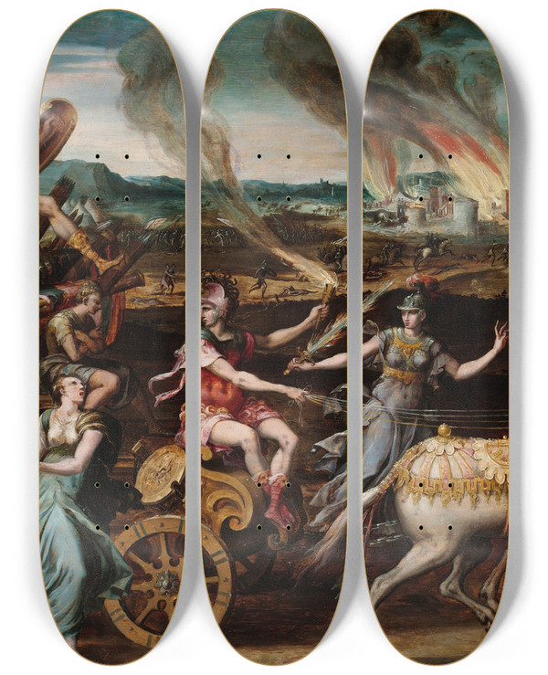 Triptych art skateboard deck of Antoine Caron The Triumph Ofmars by Antoine Caron (1521-1599)