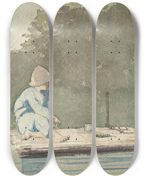 Triptych art skateboard deck of Winslow Homer Boy On A Raft by Winslow Homer (1836-1910)
