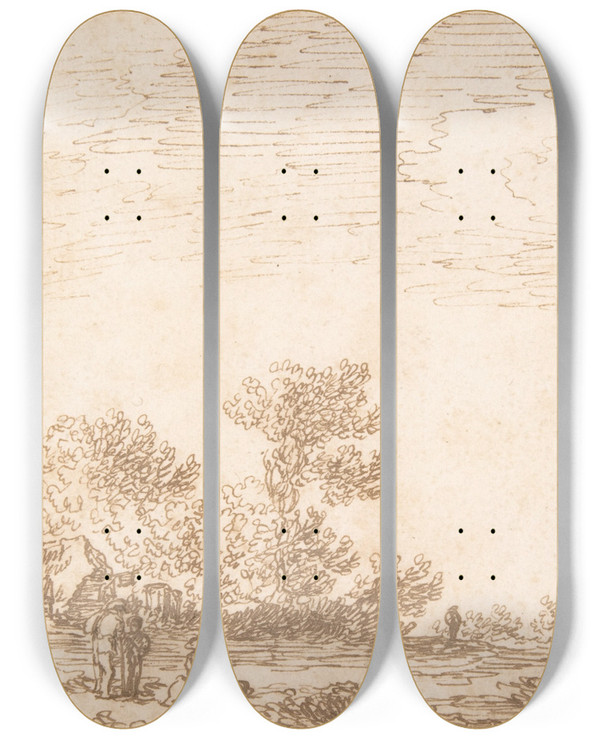 Triptych art skateboard deck of Jan Van Goyen Landscape With River And Three Figures by Jan Van Goyen (1596-1656)