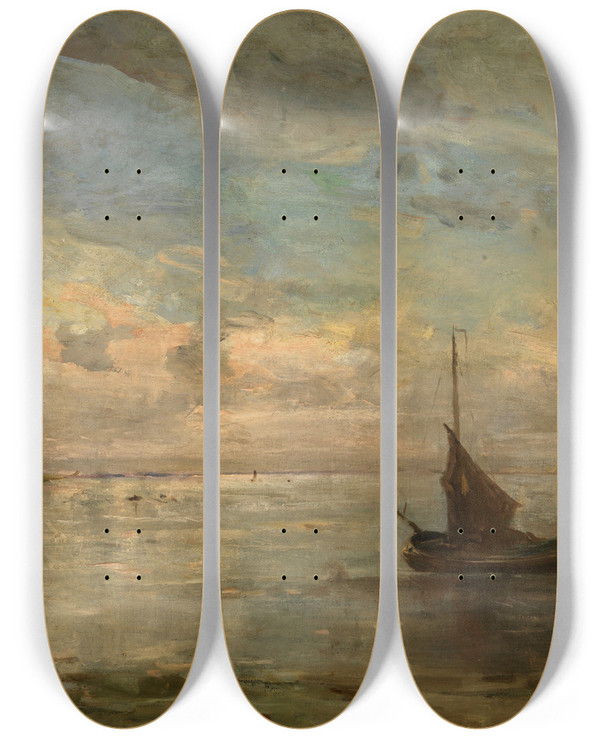 Triptych art skateboard deck of Louis Artan Seascape_2 by Louis Artan (1837-1890)