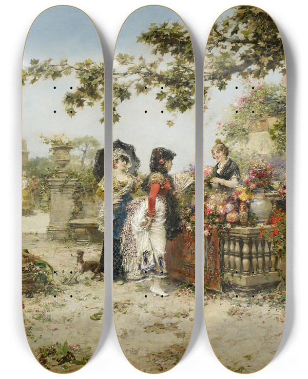 Triptych art skateboard deck of Jos Benlliure Y Gil The Flower Market by Jose Benlliure Gil (1855-1937)