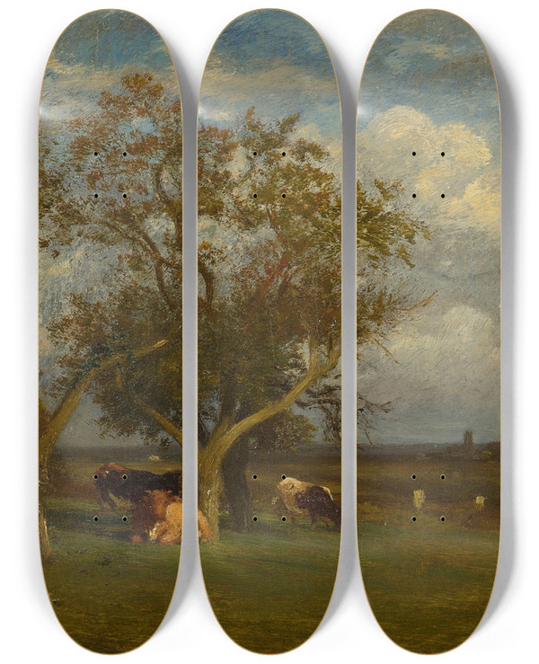 Triptych art skateboard deck of Jules Dupr Landscape With Cows by Jules Dupre (1811-1889)