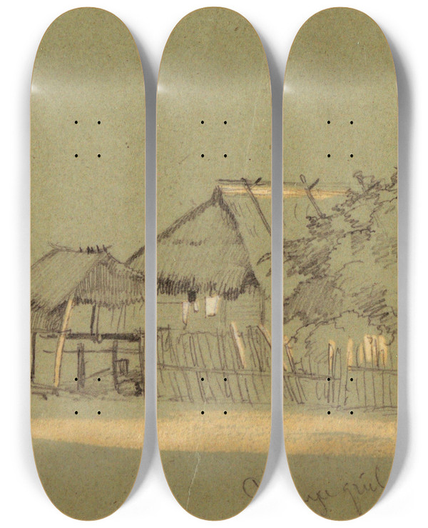 Triptych art skateboard deck of Frederic Edwin Church Street With Houses Guayaquil Ecuador by Frederic Edwin Church (1826-1900)