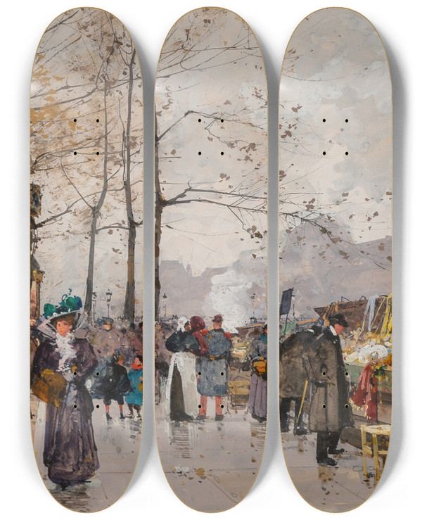 Triptych art skateboard deck of Eugne Galienlaloue Quai Voltaire by Eugene Galien Laloue (1854-1941)