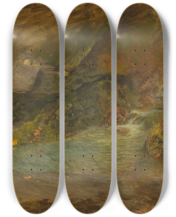 Triptych art skateboard deck of Frederic Edwin Church Woodland Stream_2 by Frederic Edwin Church (1826-1900)
