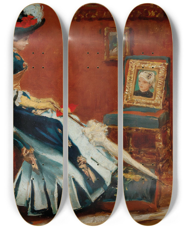 Triptych art skateboard deck of Albert Von Keller Paris A Young Lady In A Gallery by Albert Von Keller (1844-1920)