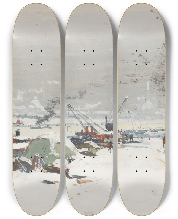 Triptych art skateboard deck of Eugne Galienlaloue Quai De Bercy Sous La Neige by Eugene Galien Laloue (1854-1941)