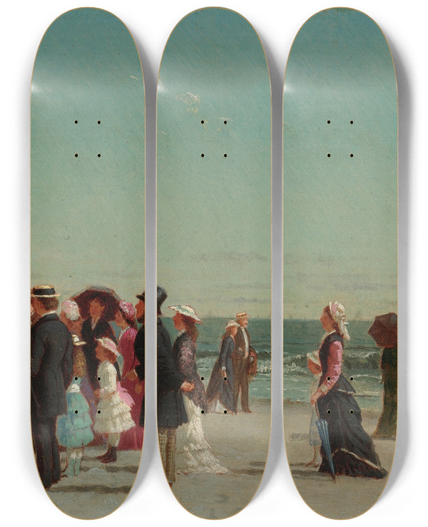 Triptych art skateboard deck of Samuel S Carr Punch And Judy Show On The Beach by Samuel S Carr (1837-1908)