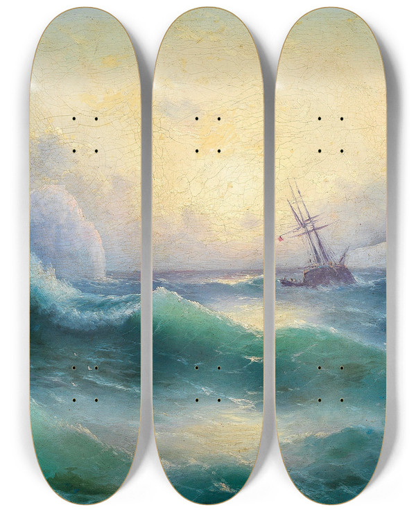 Triptych art skateboard deck of Grigori Ivanovitch Kapustin Stormy Sea With An Iceberg by Grigori Ivanovitch Kapustin (1865-1925)